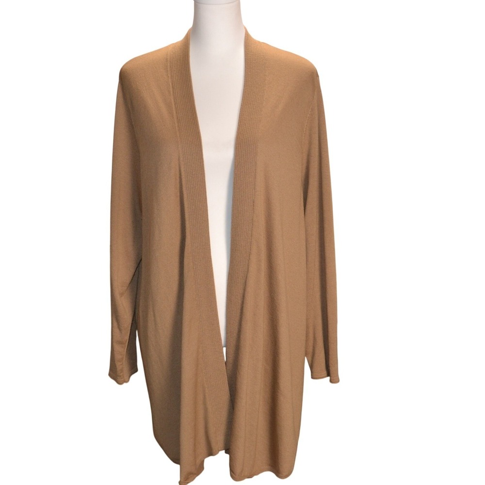 J. Jill Womens 2X Tan Open Front Wool‎ Blend Cardigan Sweater Long Sleeve Solid